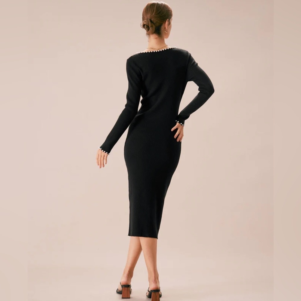 Rihoas Black Pearl Trim Bodycon Knit Midi Dress, Size M, NWT - Picture 5 of 7